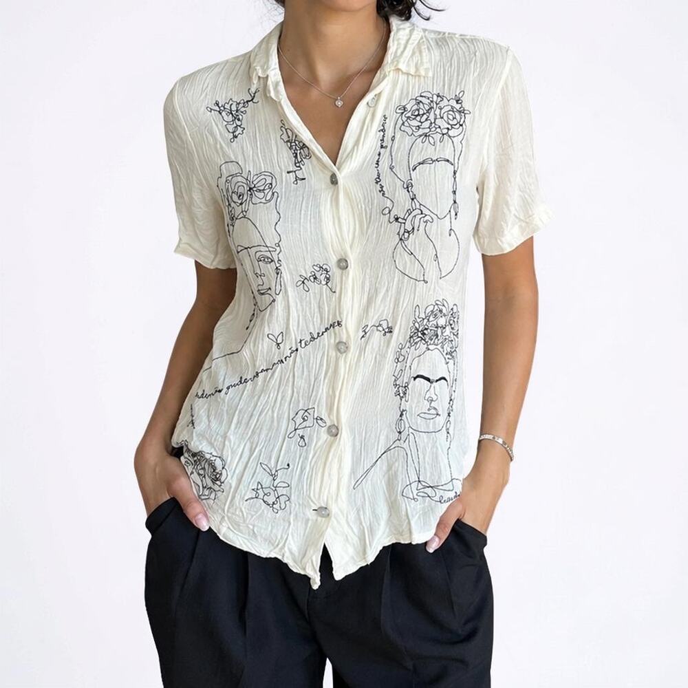 T-Shirt In Box Frida Kahlo Embroidered Viscose Button Shirt Small